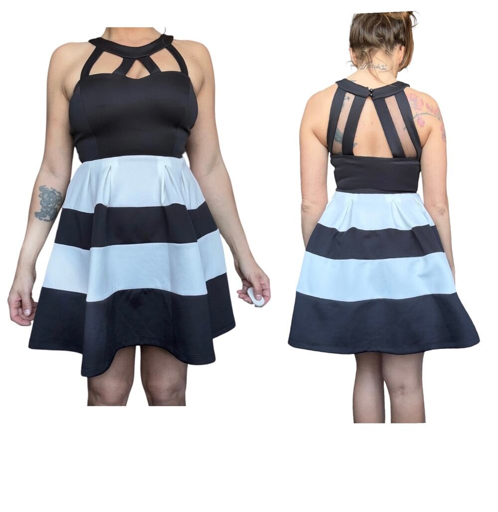 Crystal Doll Caged Neck Black White Striped Skater Mini Dress XS / Small / 5